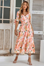Floral Paint Short Sleeve Tie Cuff Surplice Dress | Mixtshop LLC