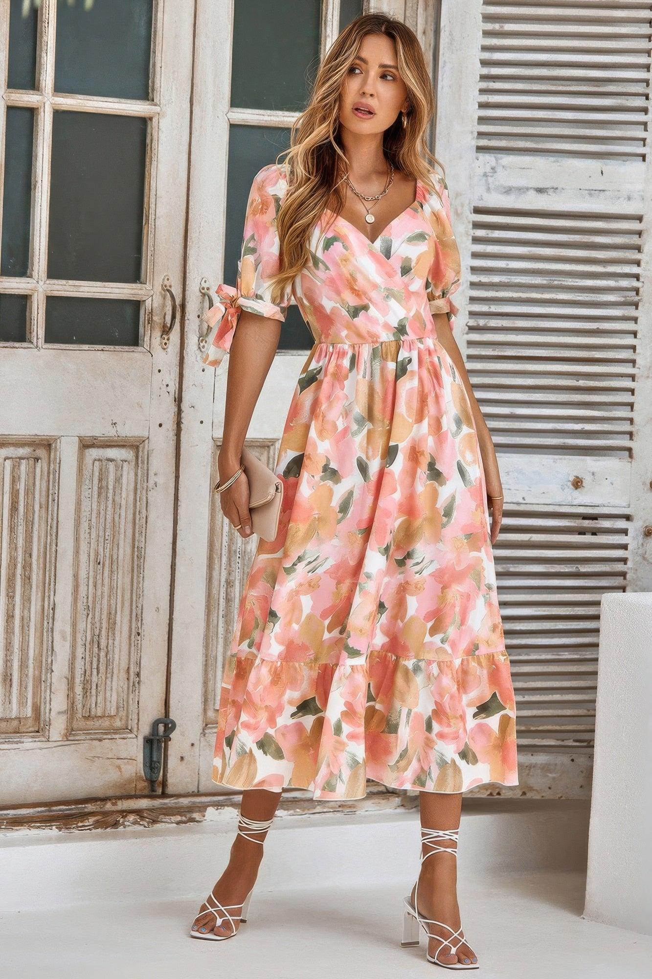 Floral Paint Short Sleeve Tie Cuff Surplice Dress | Mixtshop LLC