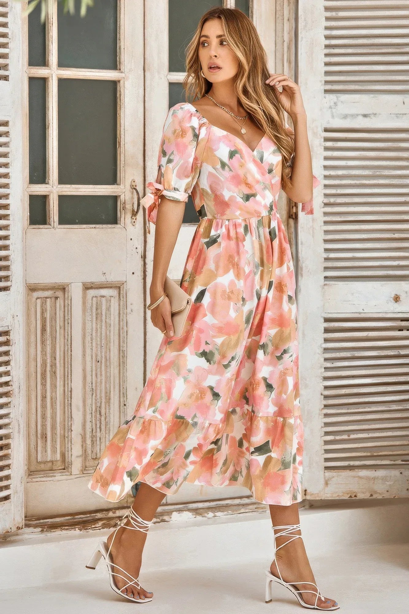 Floral Paint Short Sleeve Tie Cuff Surplice Dress | Mixtshop LLC
