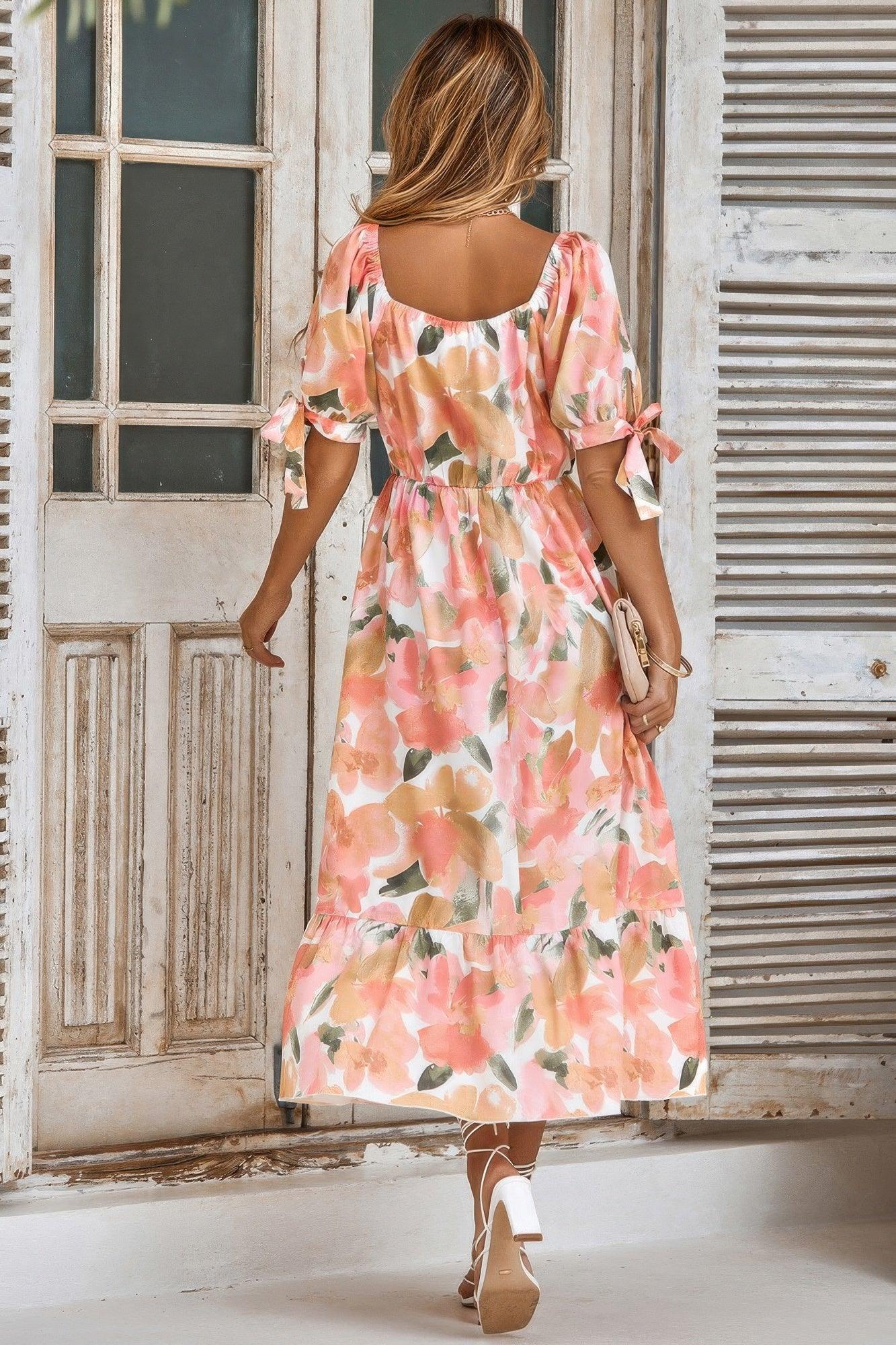 Floral Paint Short Sleeve Tie Cuff Surplice Dress | Mixtshop LLC
