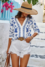 Floral Print Notched Collar V Neck Shirt | Mixtshop LLC