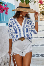 Floral Print Notched Collar V Neck Shirt | Mixtshop LLC