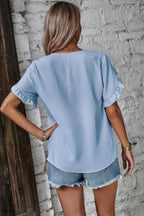 Ruffle Solid V Neck Short Sleeve Tunic Shirt | Mixtshop LLC