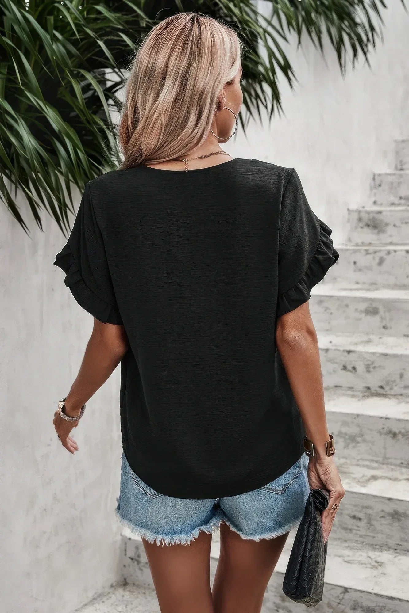 Ruffle Solid V Neck Short Sleeve Tunic Shirt | Mixtshop LLC