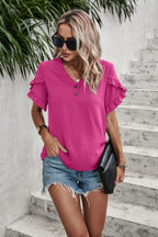Ruffle Solid V Neck Short Sleeve Tunic Shirt | Mixtshop LLC