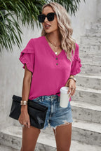 Ruffle Solid V Neck Short Sleeve Tunic Shirt | Mixtshop LLC