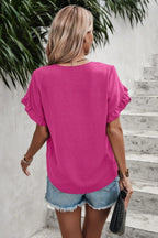 Ruffle Solid V Neck Short Sleeve Tunic Shirt | Mixtshop LLC