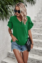 Ruffle Solid V Neck Short Sleeve Tunic Shirt | Mixtshop LLC