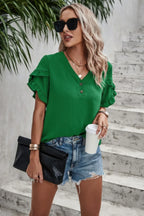 Ruffle Solid V Neck Short Sleeve Tunic Shirt | Mixtshop LLC