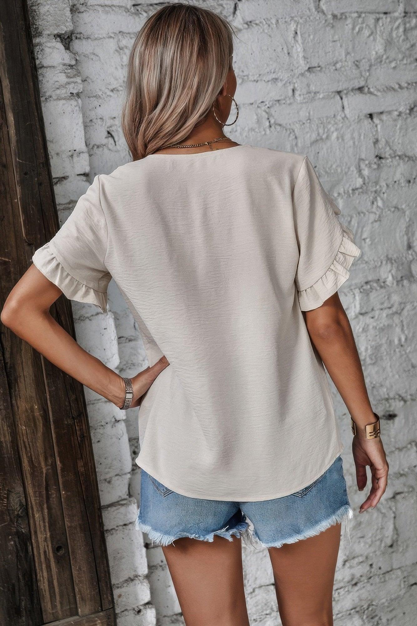 Ruffle Solid V Neck Short Sleeve Tunic Shirt | Mixtshop LLC