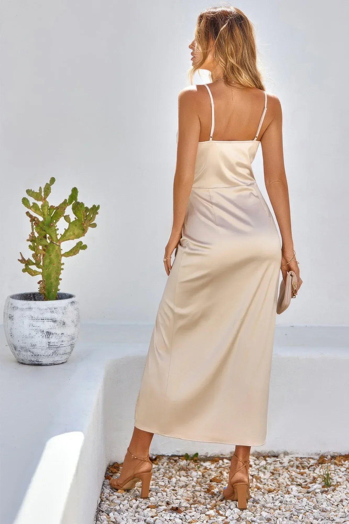 Spaghetti Strap Cowl Neck Split Midi Slit Dress | Mixtshop LLC
