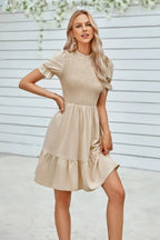 Solid Puff Sleeve Shirred Detail Ruffle Hem Dress | Mixtshop LLC