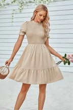 Solid Puff Sleeve Shirred Detail Ruffle Hem Dress | Mixtshop LLC