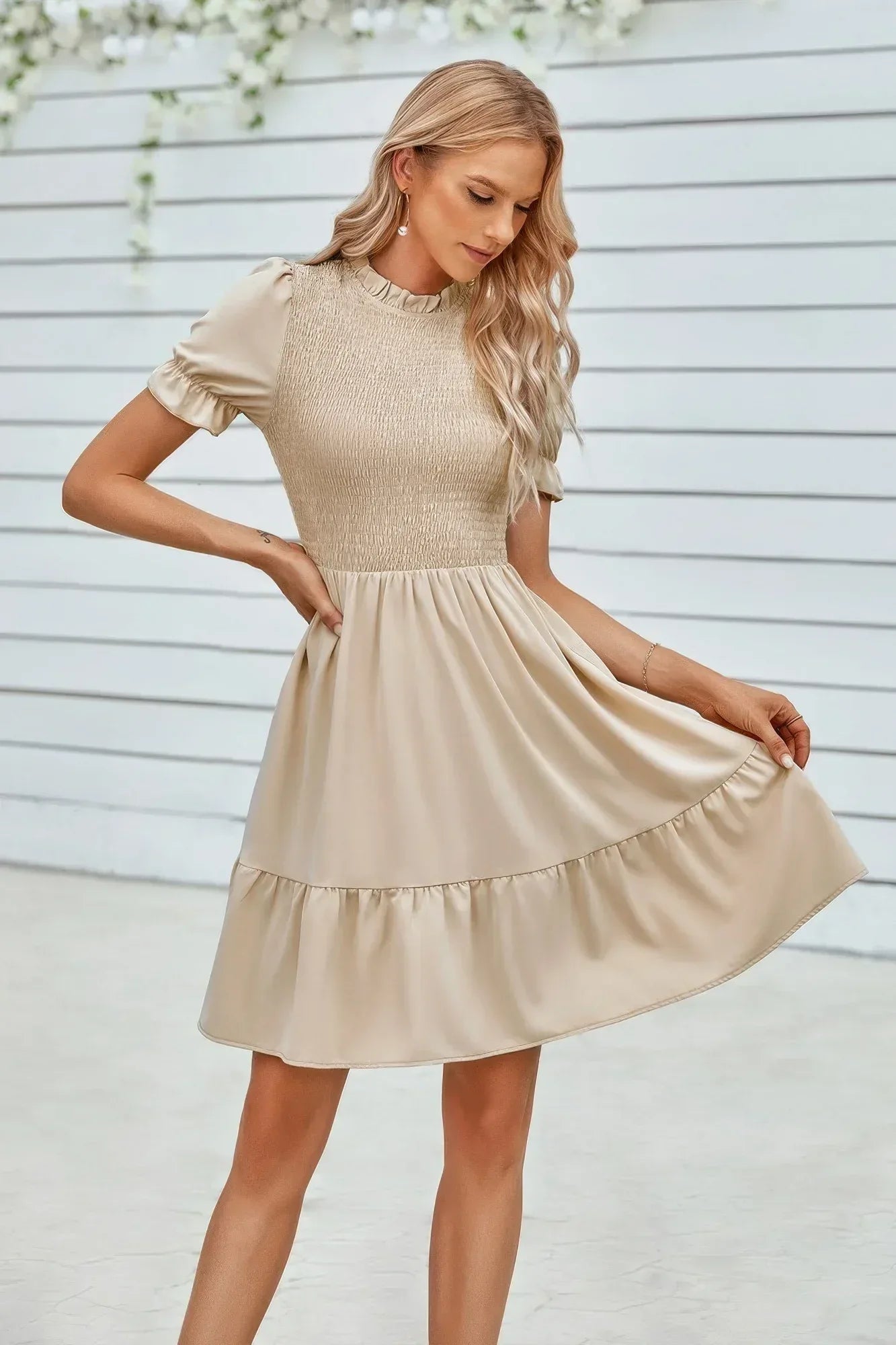 Solid Puff Sleeve Shirred Detail Ruffle Hem Dress | Mixtshop LLC