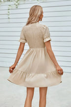 Solid Puff Sleeve Shirred Detail Ruffle Hem Dress | Mixtshop LLC