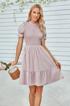 Solid Puff Sleeve Shirred Detail Ruffle Hem Dress | Mixtshop LLC