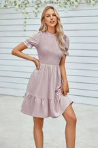 Solid Puff Sleeve Shirred Detail Ruffle Hem Dress | Mixtshop LLC