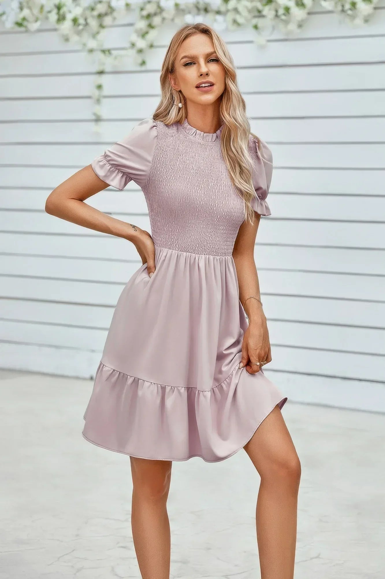 Solid Puff Sleeve Shirred Detail Ruffle Hem Dress | Mixtshop LLC