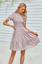 Solid Puff Sleeve Shirred Detail Ruffle Hem Dress | Mixtshop LLC