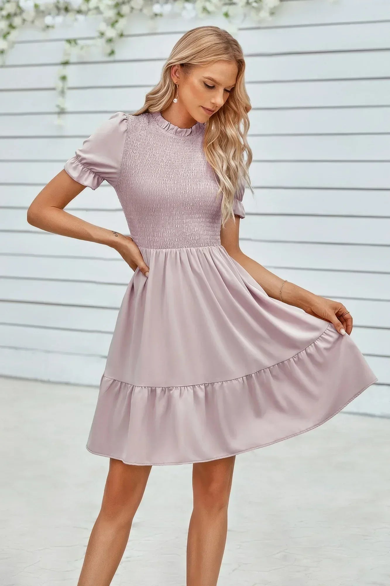 Solid Puff Sleeve Shirred Detail Ruffle Hem Dress | Mixtshop LLC
