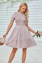 Solid Puff Sleeve Shirred Detail Ruffle Hem Dress | Mixtshop LLC