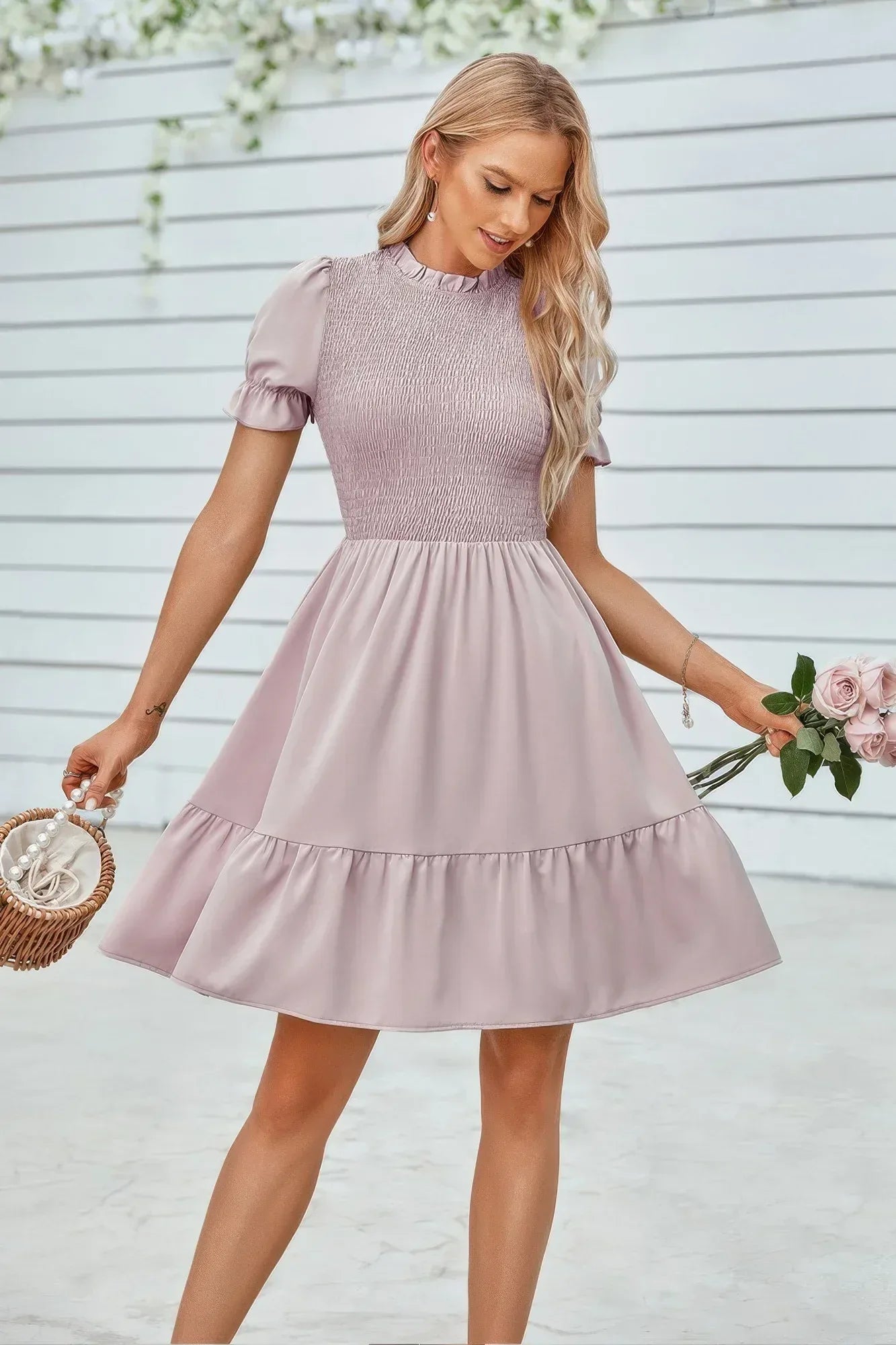 Solid Puff Sleeve Shirred Detail Ruffle Hem Dress | Mixtshop LLC