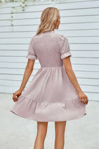 Solid Puff Sleeve Shirred Detail Ruffle Hem Dress | Mixtshop LLC
