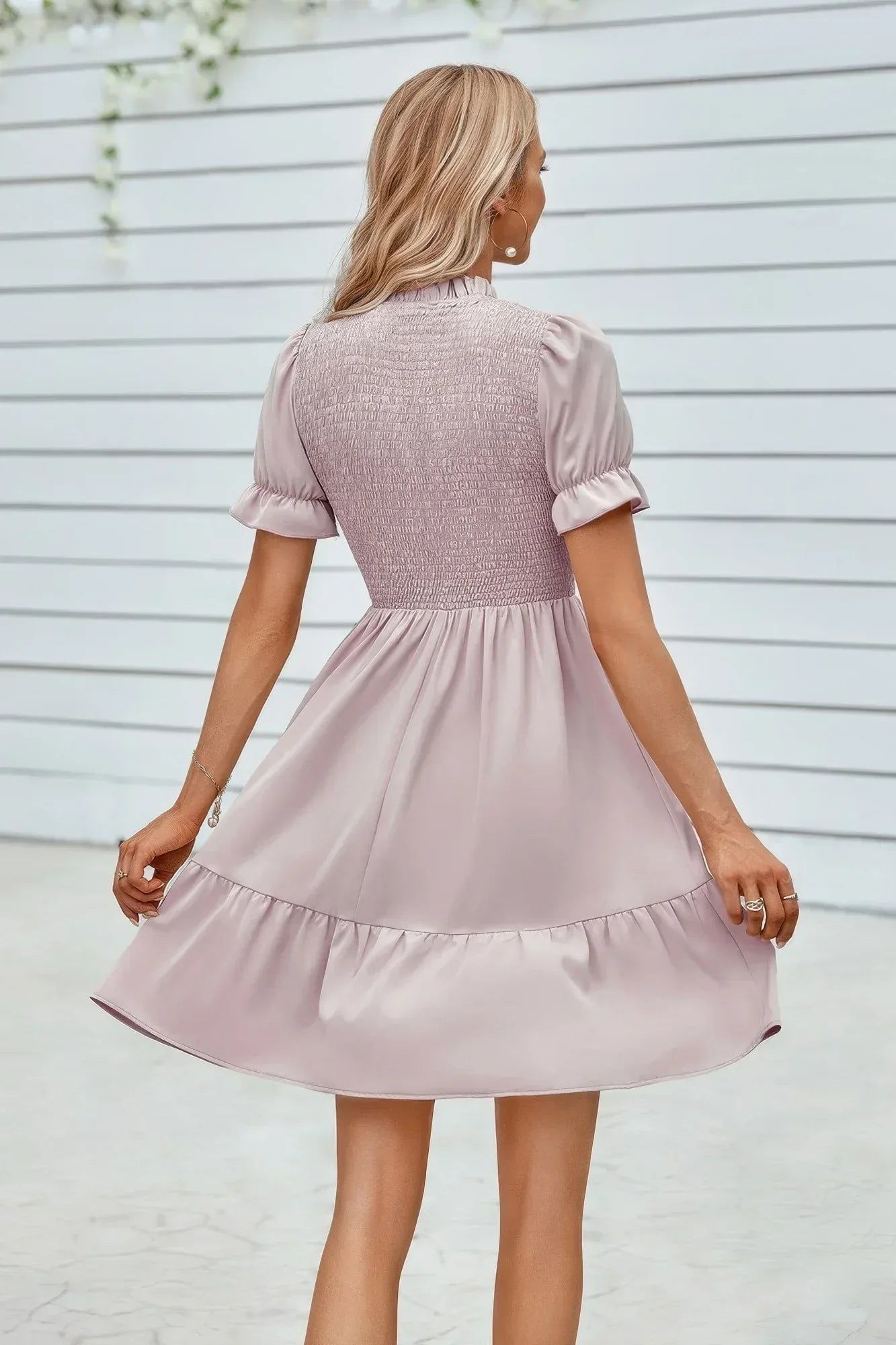 Solid Puff Sleeve Shirred Detail Ruffle Hem Dress | Mixtshop LLC