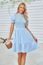 Solid Puff Sleeve Shirred Detail Ruffle Hem Dress | Mixtshop LLC