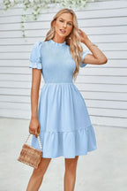 Solid Puff Sleeve Shirred Detail Ruffle Hem Dress | Mixtshop LLC