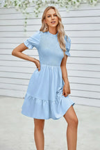 Solid Puff Sleeve Shirred Detail Ruffle Hem Dress | Mixtshop LLC