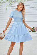 Solid Puff Sleeve Shirred Detail Ruffle Hem Dress | Mixtshop LLC