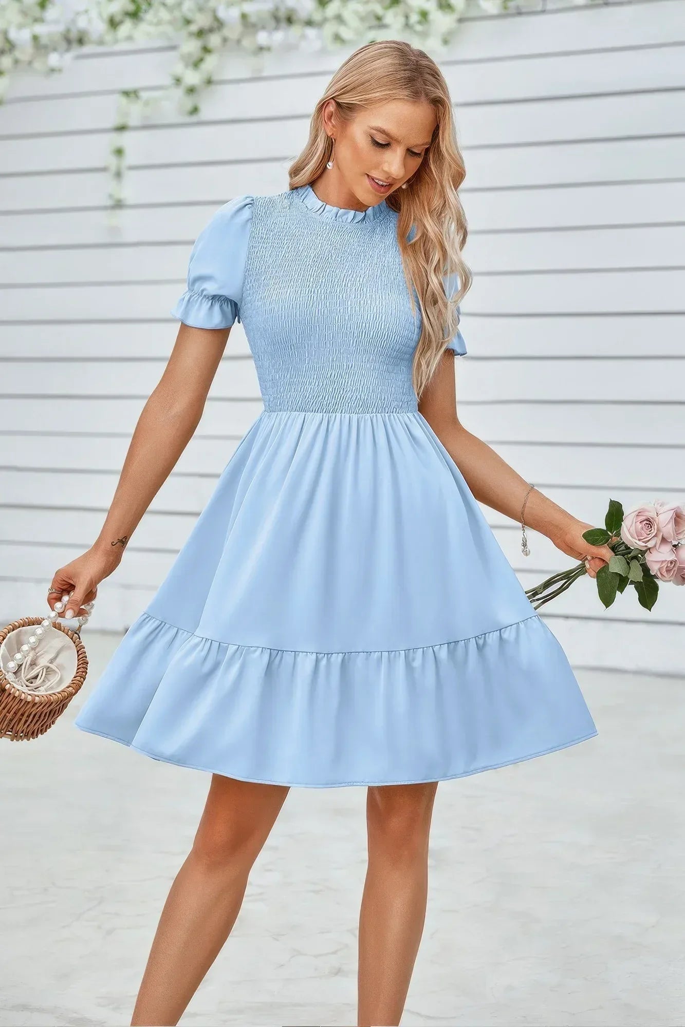 Solid Puff Sleeve Shirred Detail Ruffle Hem Dress | Mixtshop LLC