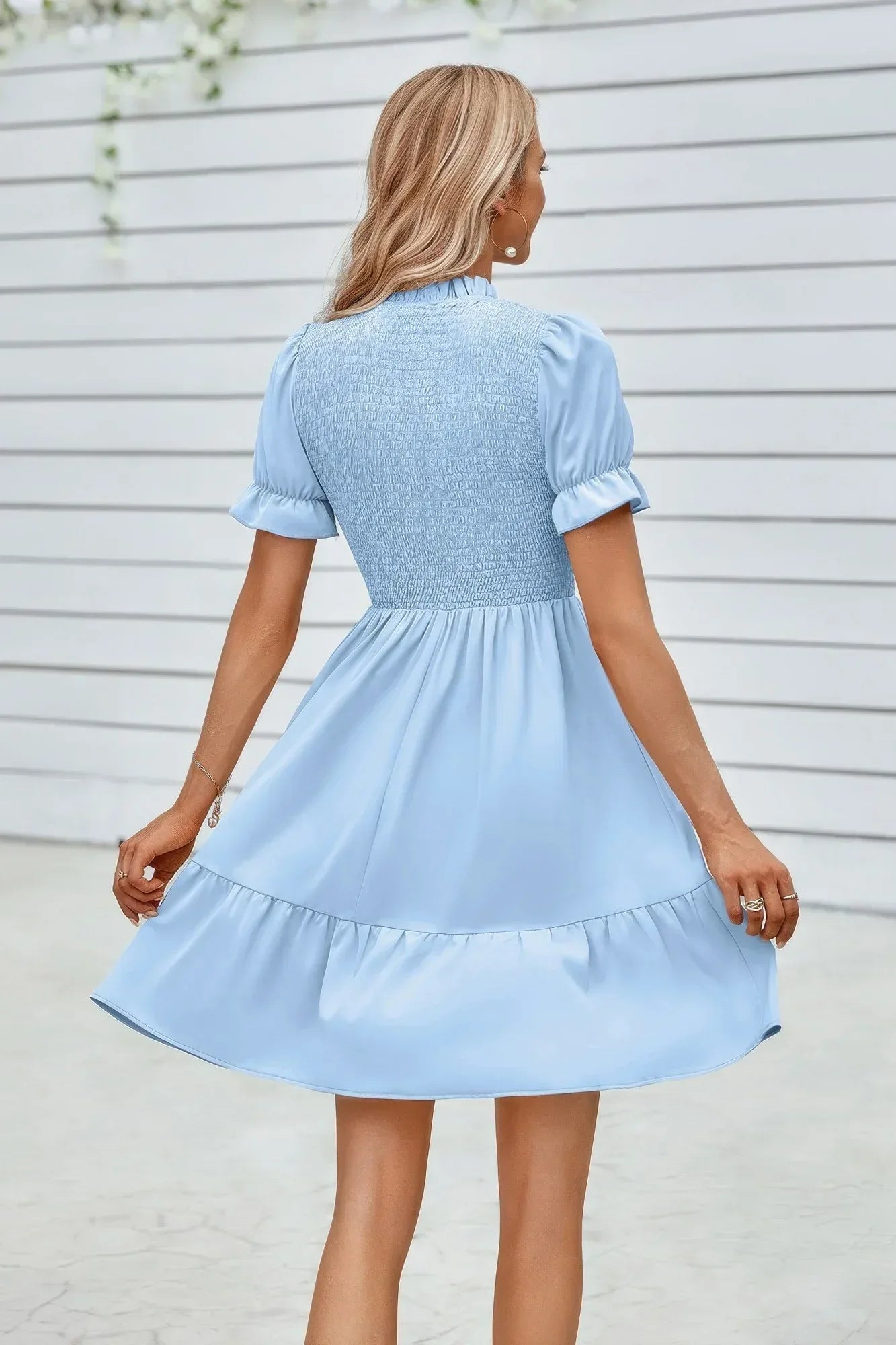 Solid Puff Sleeve Shirred Detail Ruffle Hem Dress | Mixtshop LLC