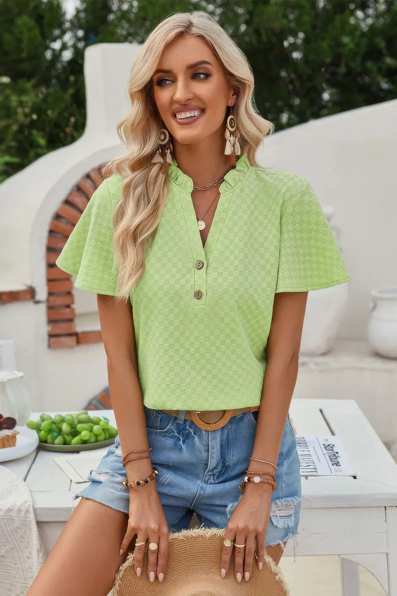V Neck Loose Fit Solid Button Plaid Shirt | Mixtshop LLC