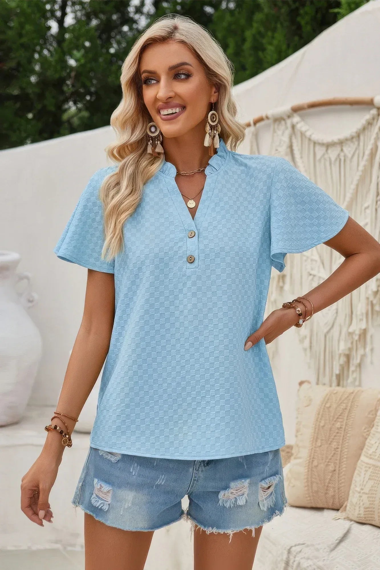 V Neck Loose Fit Solid Button Plaid Shirt | Mixtshop LLC