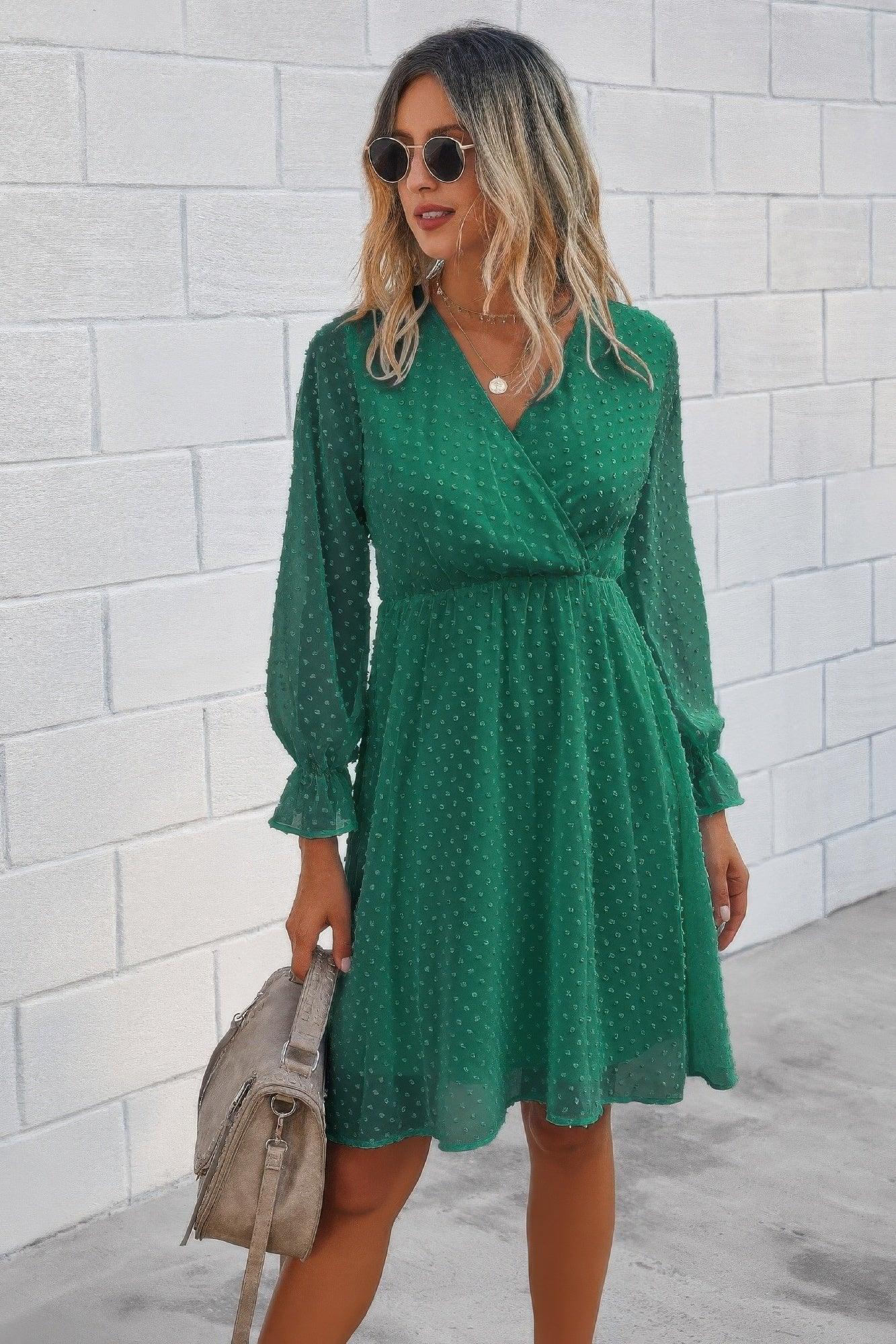 Solid Swiss Dot Flounce Sleeve Shirred Midi Dress | Mixtshop LLC Main image
