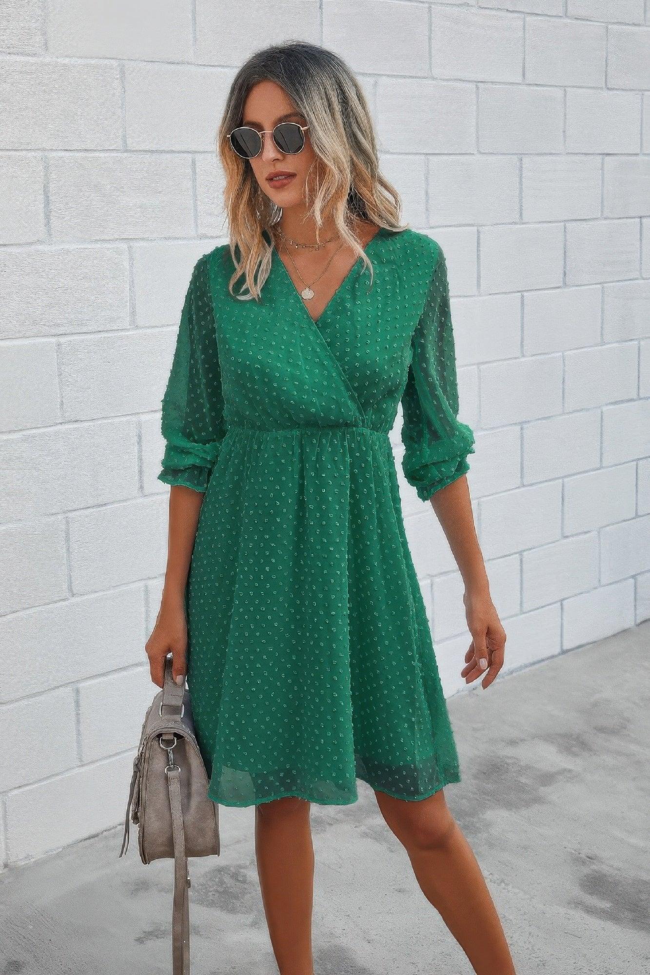 Solid Swiss Dot Flounce Sleeve Shirred Midi Dress | Mixtshop LLC