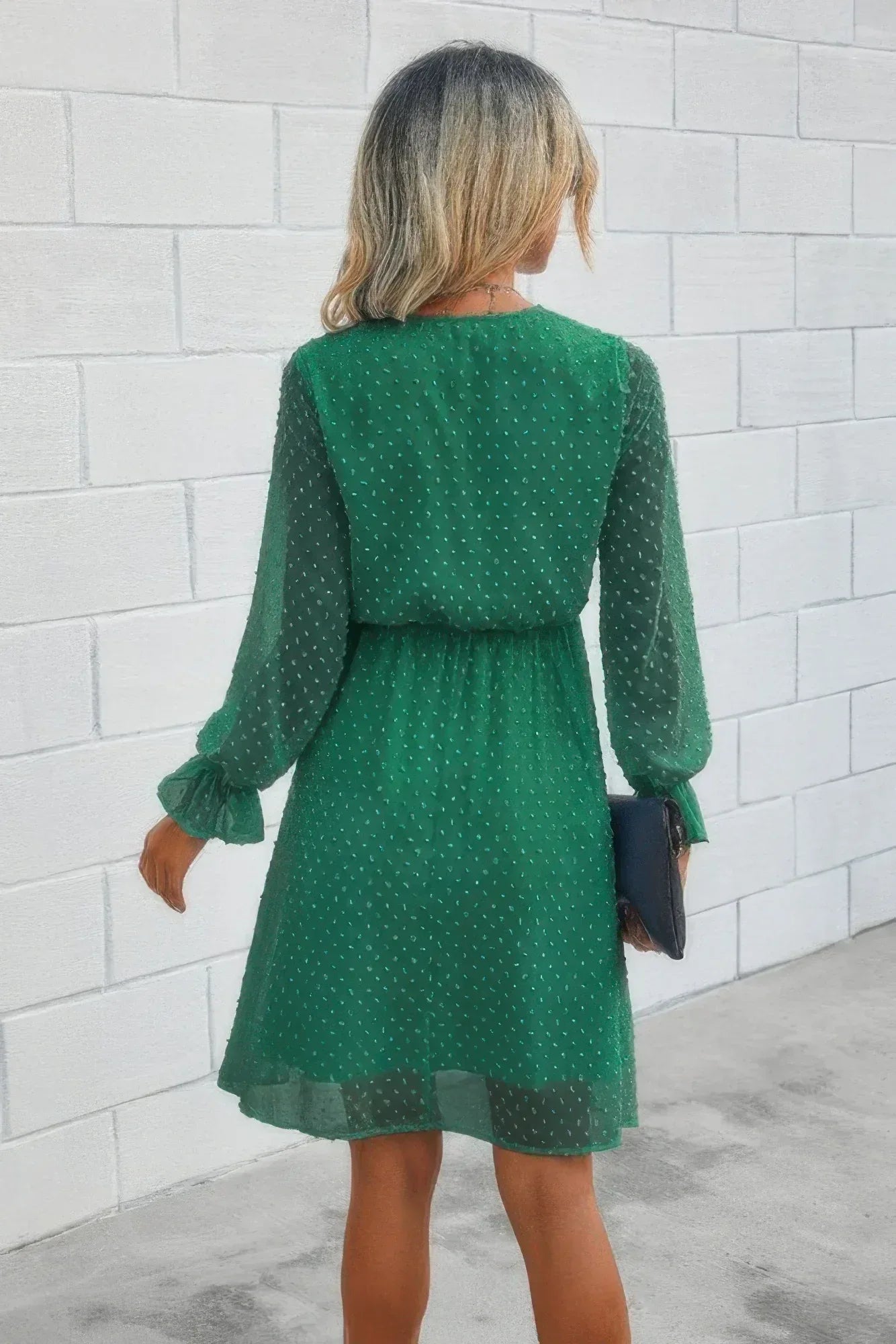 Solid Swiss Dot Flounce Sleeve Shirred Midi Dress | Mixtshop LLC