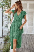 Floral V Neck Ruffle Short Sleeve High Waist Dress | Mixtshop LLC