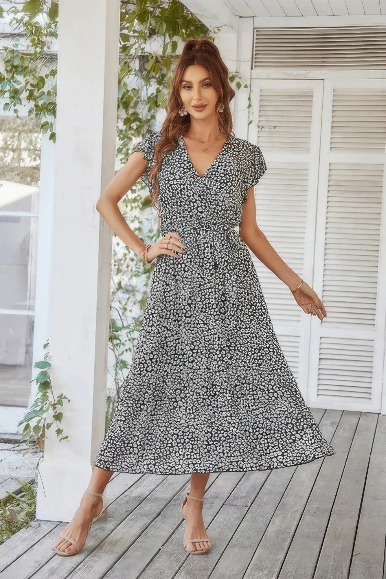 Floral V Neck Ruffle Short Sleeve High Waist Dress | Mixtshop LLC