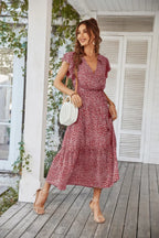 Floral V Neck Ruffle Short Sleeve High Waist Dress | Mixtshop LLC