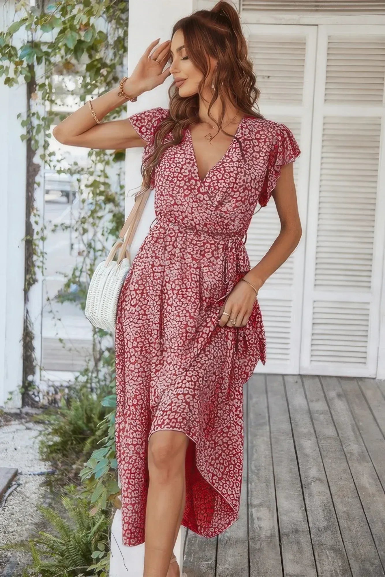 Floral V Neck Ruffle Short Sleeve High Waist Dress | Mixtshop LLC