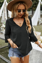 Swiss Dot Lace Splicing Sleeve V Neck Blouse | Mixtshop LLC