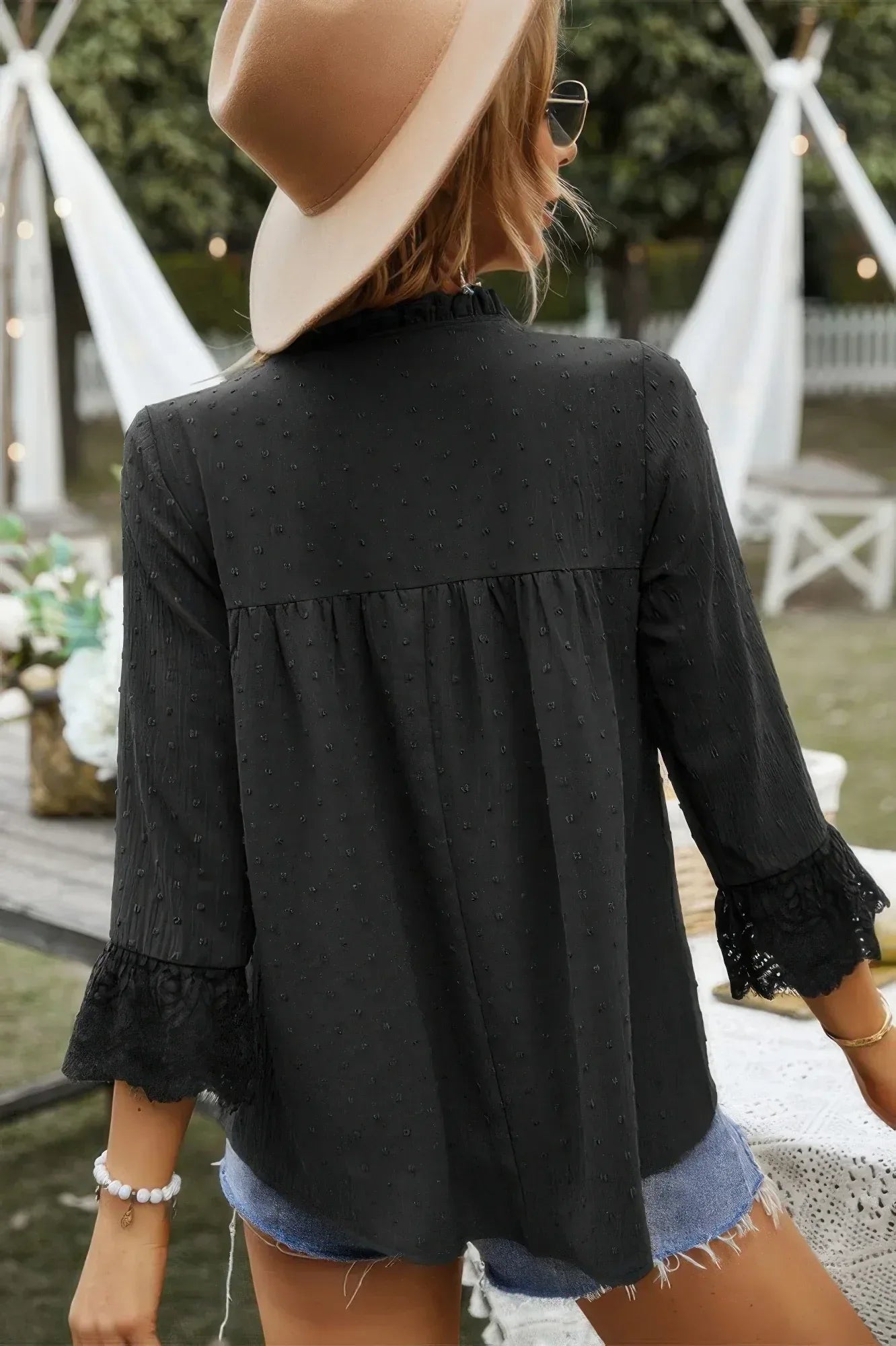 Swiss Dot Lace Splicing Sleeve V Neck Blouse | Mixtshop LLC