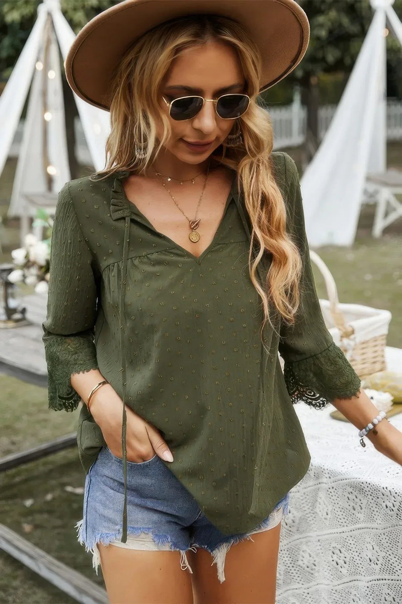 Swiss Dot Lace Splicing Sleeve V Neck Blouse | Mixtshop LLC