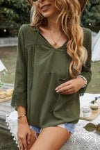 Swiss Dot Lace Splicing Sleeve V Neck Blouse | Mixtshop LLC