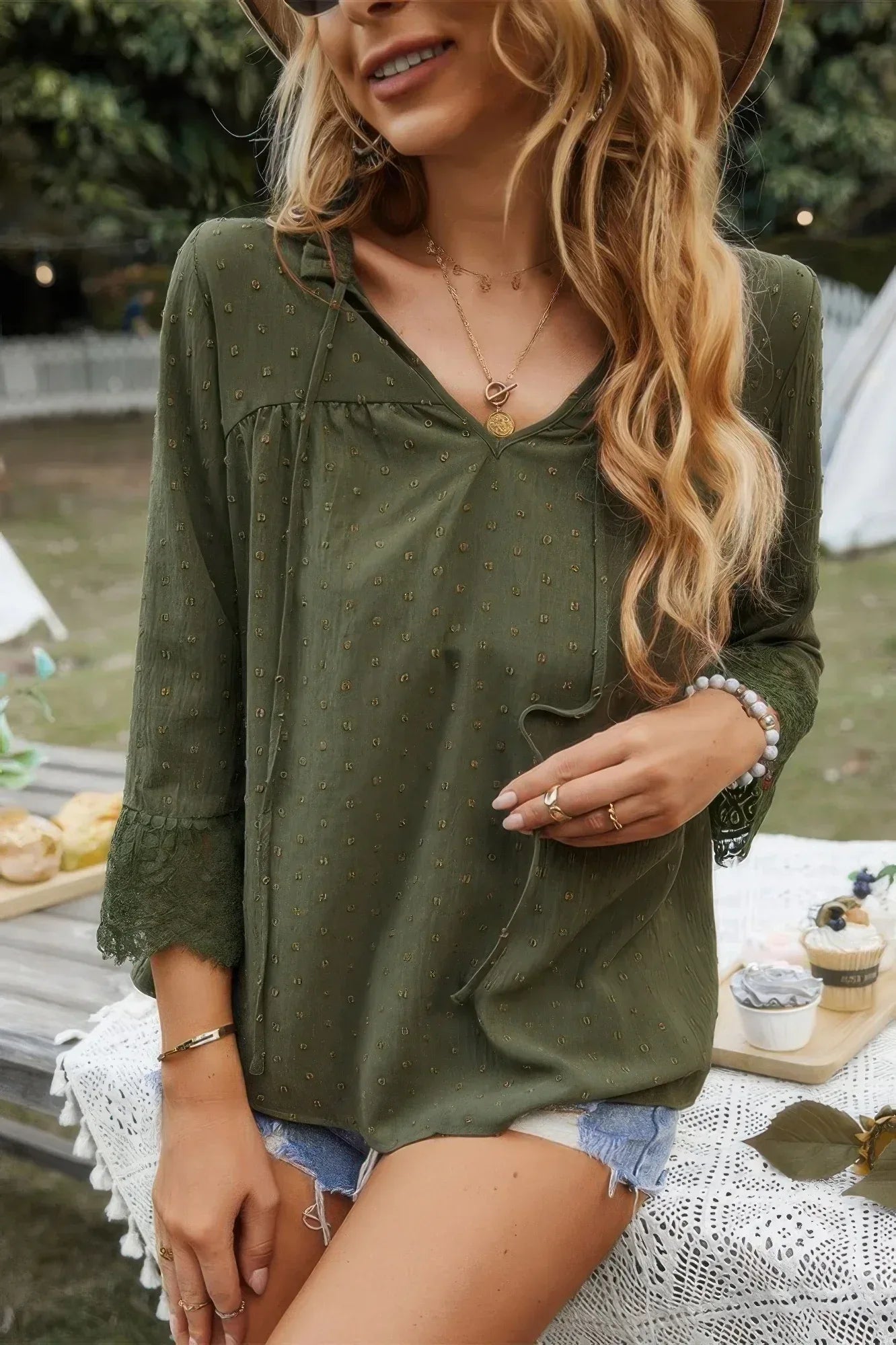 Swiss Dot Lace Splicing Sleeve V Neck Blouse | Mixtshop LLC