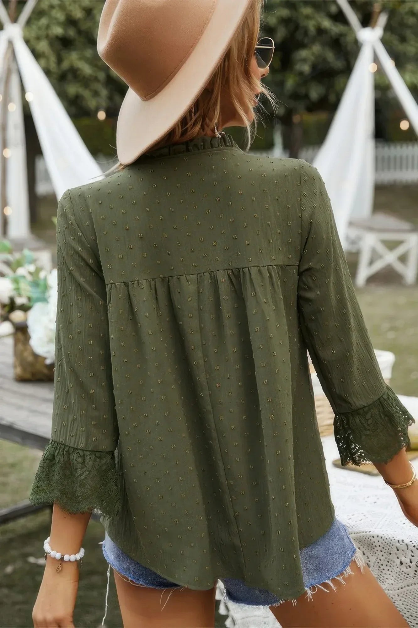 Swiss Dot Lace Splicing Sleeve V Neck Blouse | Mixtshop LLC