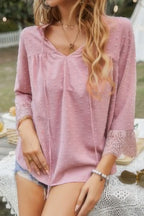 Swiss Dot Lace Splicing Sleeve V Neck Blouse | Mixtshop LLC